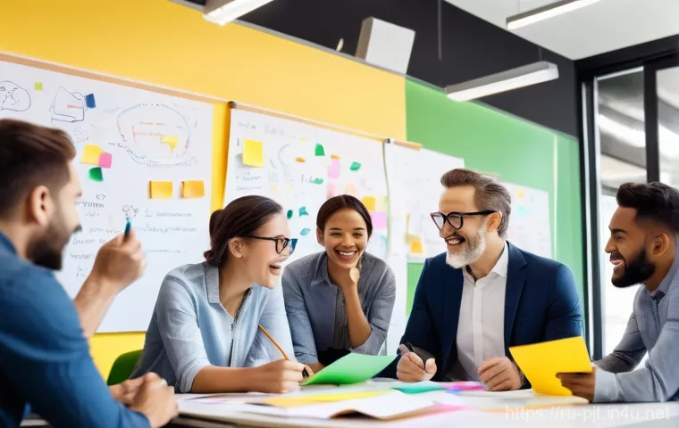 PM으로 일하며 경험하는 가장 보람 있는 순간들 - **Prompt:** A diverse team of 5-7 project managers, developers, and designers, all professionally dr...