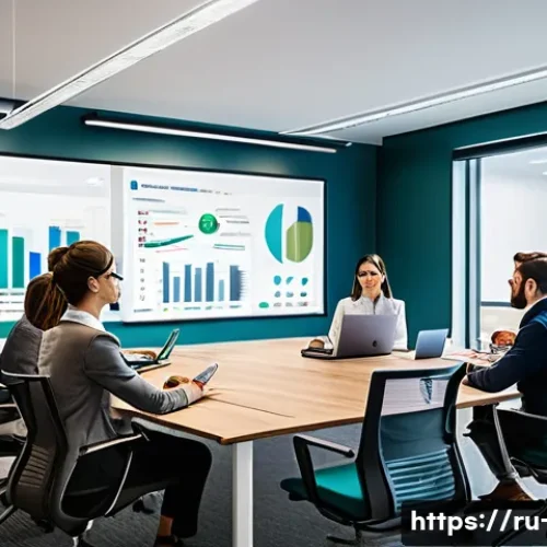 Home 32 프로젝트 매니저를 위한 경력 상담 사례 - A modern office scene showing a diverse project management team collaborating around a large table w...