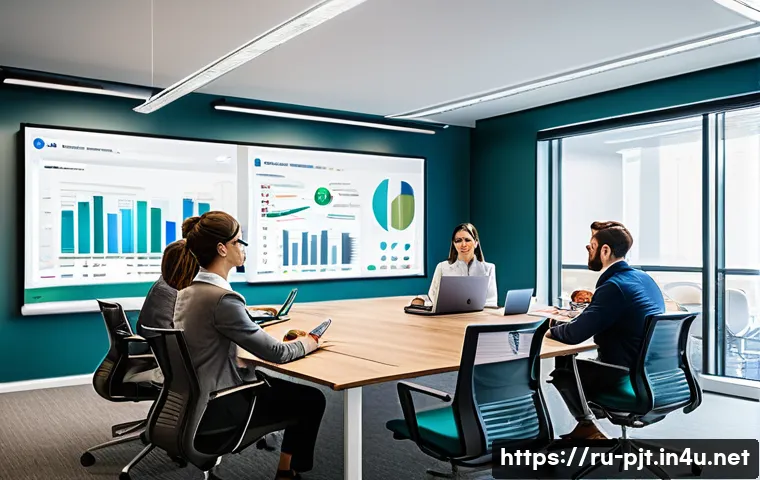 프로젝트 매니저를 위한 경력 상담 사례 - A modern office scene showing a diverse project management team collaborating around a large table w...