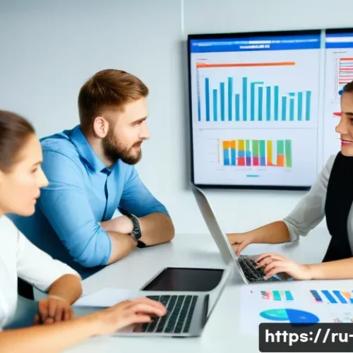 Home 31 프로젝트 관리 기초부터 고급까지 - A modern office scene featuring a diverse Russian project management team collaborating around a lar...