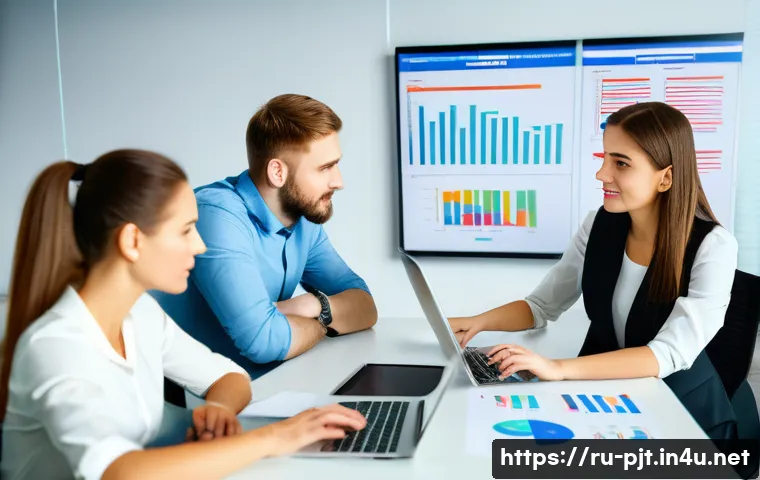프로젝트 관리 기초부터 고급까지 - A modern office scene featuring a diverse Russian project management team collaborating around a lar...