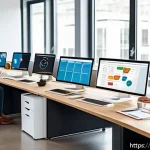 Home 18 PM을 위한 생산성 향상 앱 - A modern office scene featuring a diverse remote team collaborating on project management using digi...
