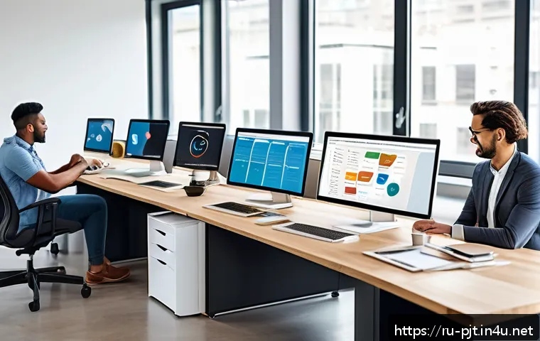 PM을 위한 생산성 향상 앱 - A modern office scene featuring a diverse remote team collaborating on project management using digi...
