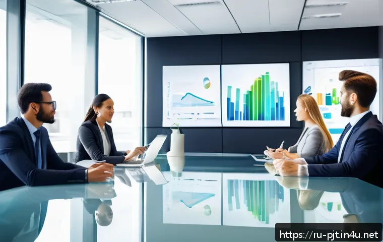 PM을 위한 클라이언트 기대치 관리 - A professional business meeting scene in a modern office setting, showing a diverse team of project ...
