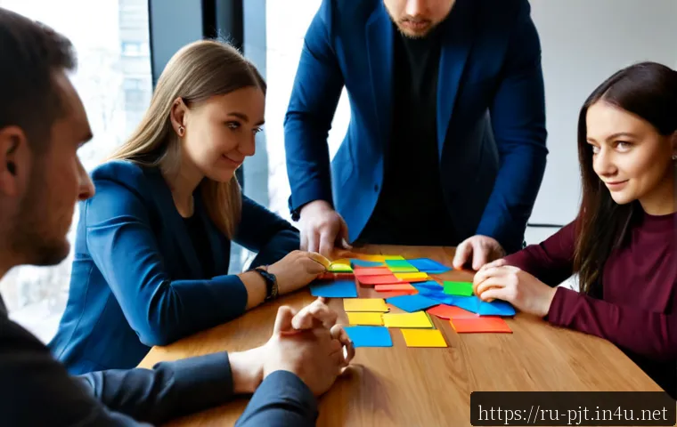 Home 17 PM이 팀워크를 강화하는 방법 - Photorealistic project manager facilitating a collaborative team workshop in a modern Moscow office,...